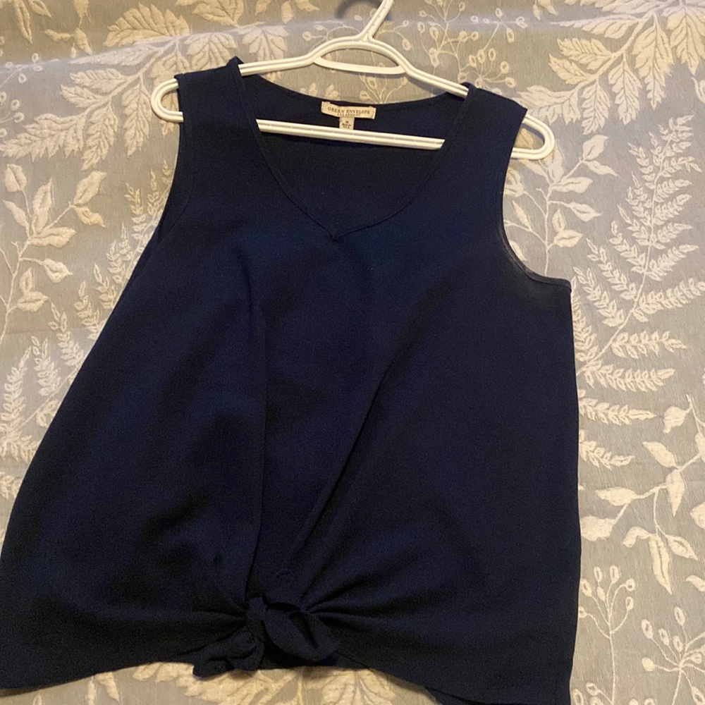 Green Envelope navy sleeveless blouse.